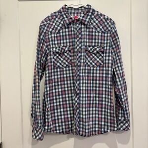 PD&C Mens Blue Red Plaid Western Button Down Shirt Long Sleeve Cotton Medium